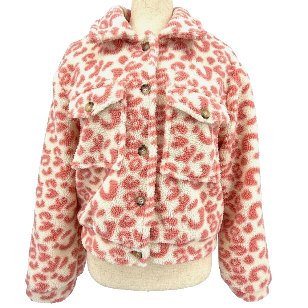 BaeVely Sherpa Jacket Womens S Coral Ivory Y2K‎ Leopard Print Fleece Plush Fuzzy